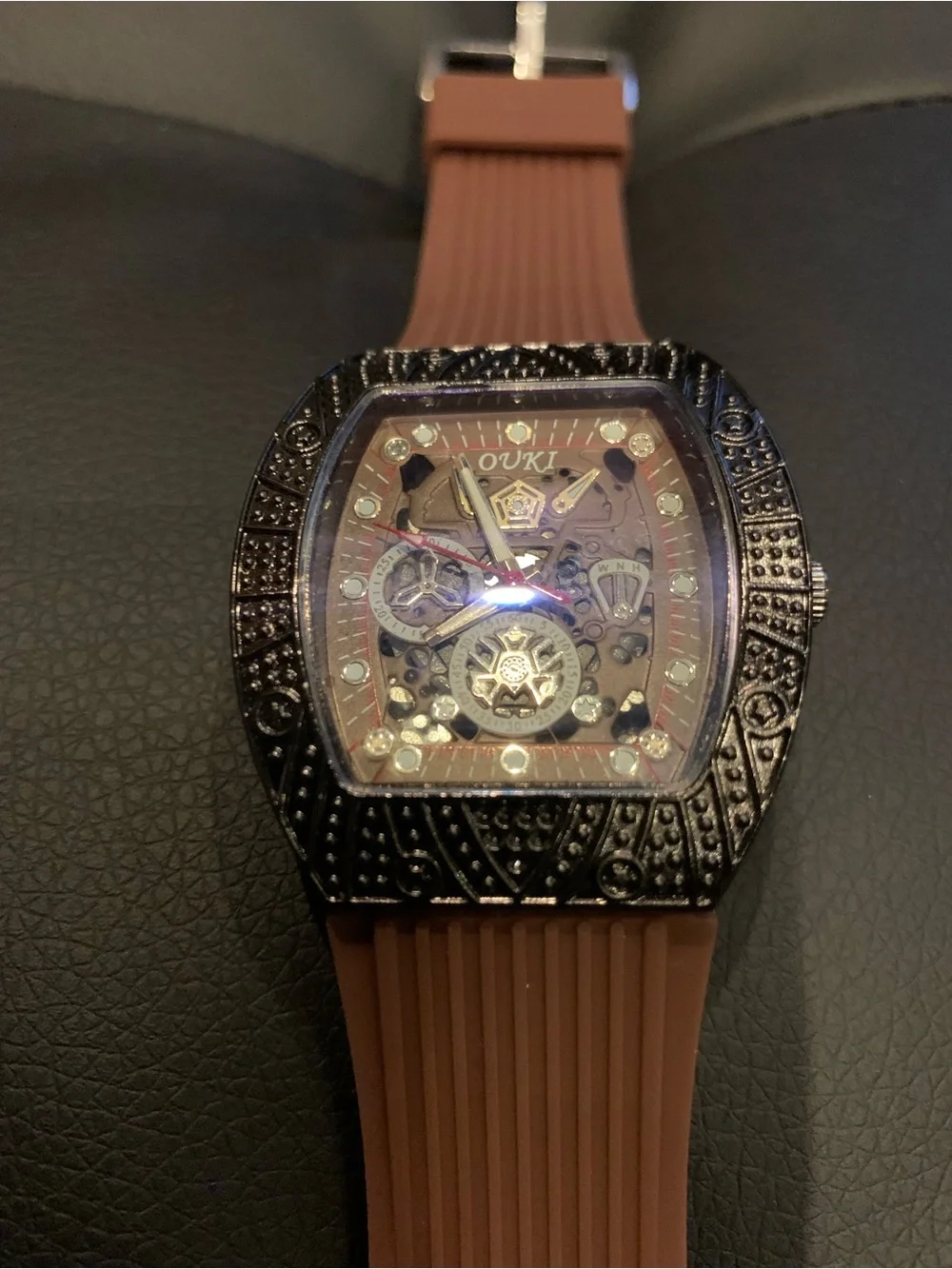 OUKI Men’s Skeleton Style Tonneau Watch Black Brown Luxury Look